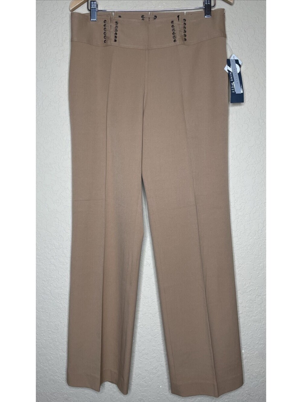 Nine West Faux Corset Waist Pants Women Sz 10 Mid Rise Straight Leg Tan NWT